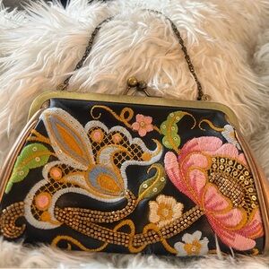 Isabella Fiore Small Leather Clutch Purse Floral Beaded Chain Handle
